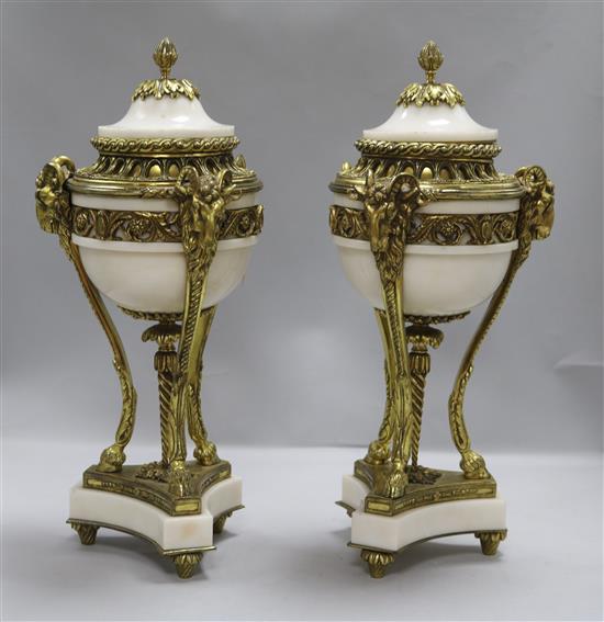 A pair of Louis XVI style white marble and gilt metal cassolettes, height 44.5cm